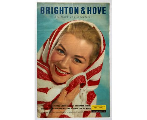 Original vintage travel poster for Brighton and Hove - Brilliant and Beautiful - Striking portrait of a smiling lady wrapped 