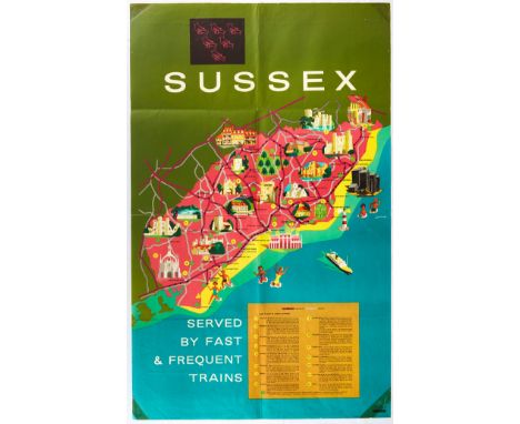 Original vintage travel poster issued by the British Railways showing a fun map of Sussex - Served by Fast and Frequent Train