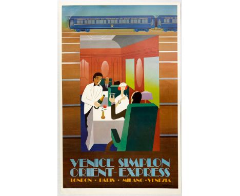 Original vintage railway travel advertising poster for the Venice Simplon Orient Express London Paris Milano Venezia featurin