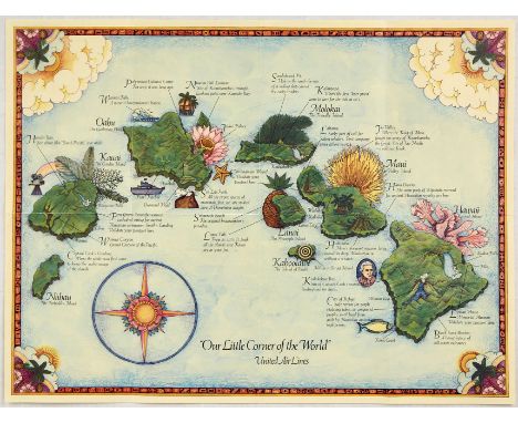 Original vintage travel poster for Hawaii "Our Little Corner of the World" United Air Lines featuring a colourful pictorial m
