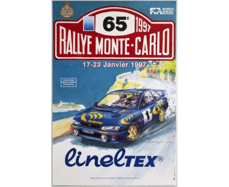 Original vintage motorsport poster for the 65 Monte Carlo Rally in 1997 taking place between 17 23 January - Dynamic illustra