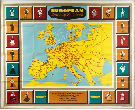 Original vintage railway travel map poster - European Railway Services for tickets and further information please apply to Br