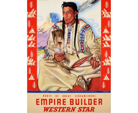 Original vintage travel calendar advertising poster from a calendar - Route of the Streamliners Empire Builder Western Star -