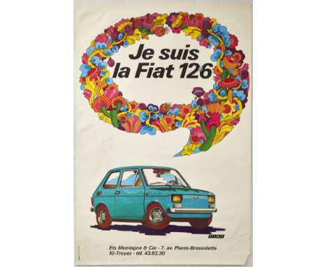 Original vintage car advertising poster - Je suis la Fiat 126 - featuring a great design with the slogan inside a colourful p