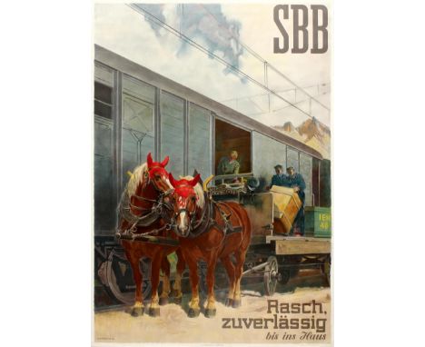 Original vintage travel advertising poster published by Swiss Federal Railways SBB Quickly, Reliably Home / Schweizerische Bu