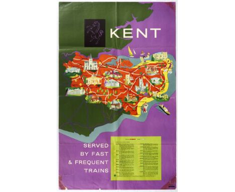 Original vintage travel poster issued by the British Railways showing a fun map of Kent - Served by Fast and Frequent Trains.