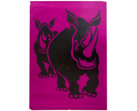 Original vintage advertising poster for Philips Black Light lamps featuring a dynamic design depicting two stylised rhinos in
