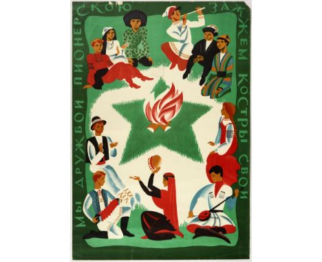 Original vintage propaganda poster issued in the Soviet Union with text: We will light our fires with Pioneer friendship.  Im