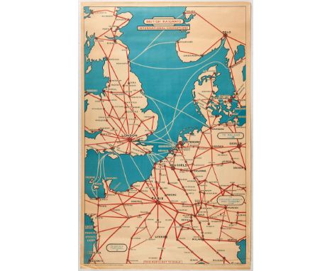 Original vintage travel advertising poster issued by the British Railways.&nbsp; The poster shows a map of international conn