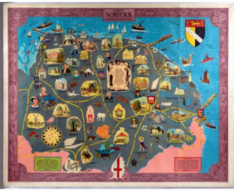 Original vintage travel poster featuring an illustrated map of Norfolk including illustrations of historical figures, points 