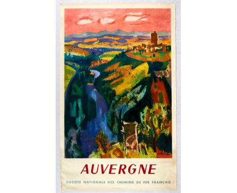 Original vintage travel poster promoting Auvergne as a destination. Issued by the French State Railways (SNCF), the poster sh
