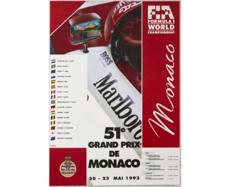 Original vintage motorsport poster for the 51 Grand Prix in Monaco that took place between 20 and the 23 May 1993. Great clos