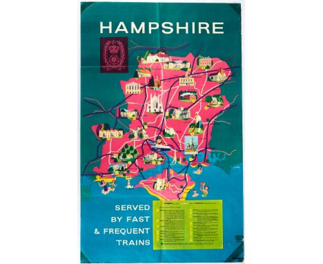 Original vintage travel poster issued by the British Railways showing a fun map of Hampshire incluing Isle of Wight - Served 