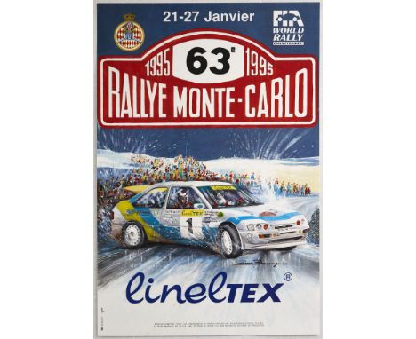 Original vintage motorsport poster for the 63 Monte Carlo Rally in 1995 taking place between 21 - 27 January - Dynamic illust