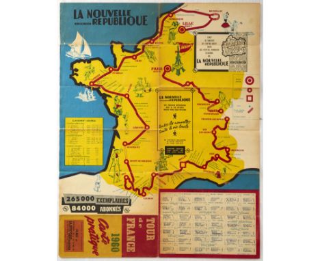 Original vintage Tour de France 1960 carte pratique double sided cycling map featuring a colourful pictorial map of the route