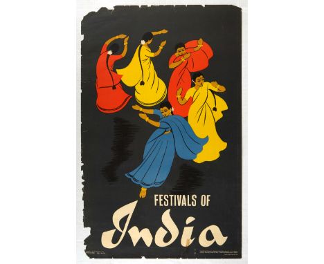Original vintage travel advertising poster for India, captioned 'Festivals of India'. The image features five classical India