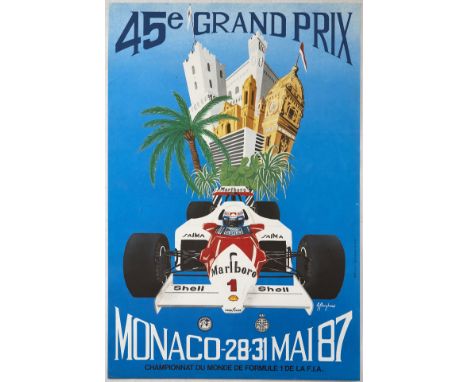 Original vintage motorsport poster for the 45 Grand Prix in Monaco that took place between 28 and the 31 May 1987. Great imag