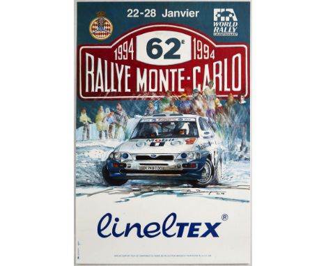 Original vintage motorsport poster for the 62 Monte Carlo Rally in 1994 taking place between 22 - 28 January - Dynamic illust