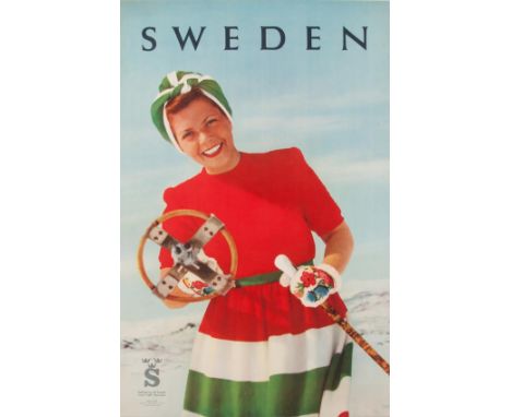 Original vintage ski sports poster issued by the Swedish Tourist Traffic Association.  Fun photo of a lady wearing a red, whi