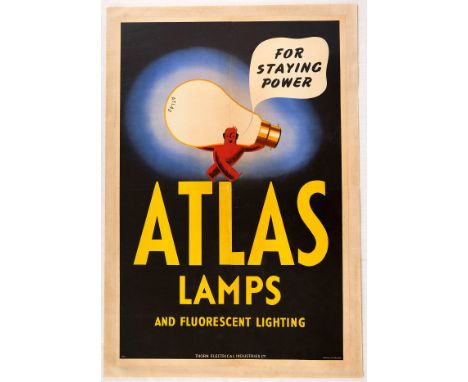 Original vintage advertising poster issued by Atlas Lamps and Fluorescent Lighting.  Art Deco design of a red man caarying a 