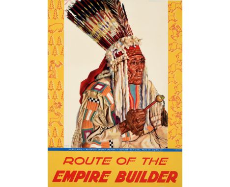 Original vintage travel calendar advertising poster from a calendar - Route of the Empire Builder - featuring a native Americ