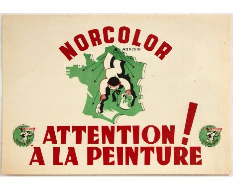 Original vintage warning notice poster for Norcolor Ronchin Nord paints and varnishes featuring the bold stylised text in red