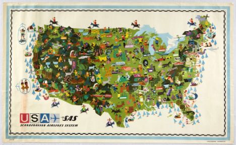 Original vintage Scandinavian Airlines System travel poster for USA by SAS featuring a fun and colourful pictorial map design