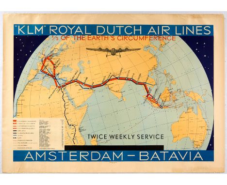 Original vintage poster - KLM Royal Dutch Airlines Amsterdam Batavia 1/3 of the earth's circumference Twice weekly service - 