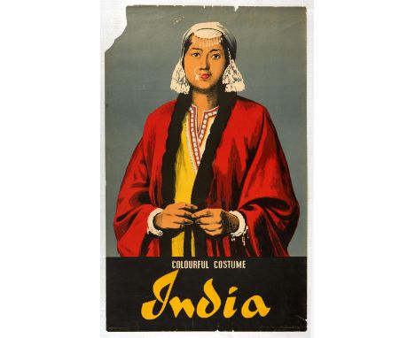 Original vintage travel advertising poster for India, captioned 'Colourful costume'. The image features a colourful illustrat