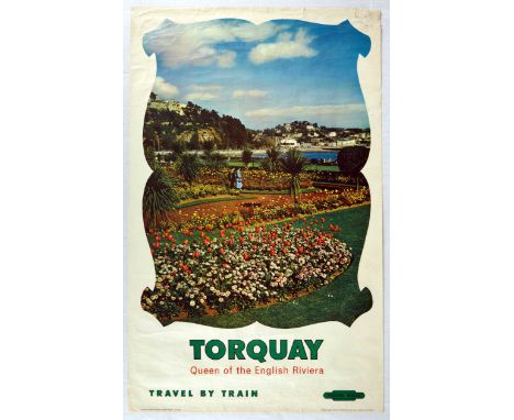 Original vintage travel poster for Torquay - Queen of the English Riviera - Great image within a shaped frame depicts a man a