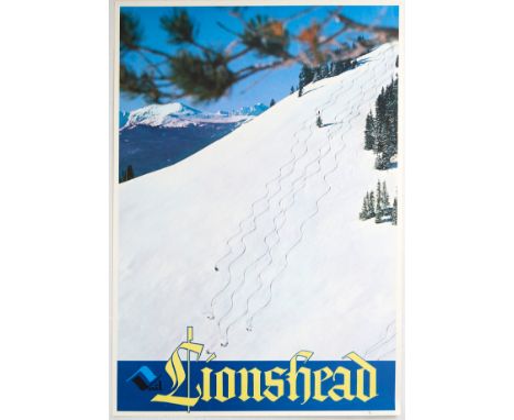 Original vintage ski travel poster for Lionshead in Vail, Colorado, ski resort featuring a great image depicting a birdseye v