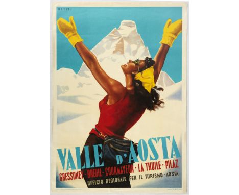 Vintage re-issue of the 1950s ski and winter sport travel poster for the Valle d'Aosta / Aosta Valley - Gressoney Breuil Cour