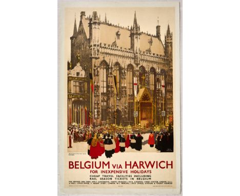 Original vintage travel poster for Belgium via Harwich issued by London and North Eastern Railway LNER - Great artwork by Fre