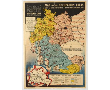Original vintage post WWII propaganda poster Atlanta Karte Map of Occupation Areas - The map delineates allied occupation zon