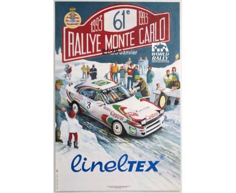 Original vintage motorsport poster for the 61 Monte Carlo Rally in 1993 taking place between 21 - 28 January - Dynamic illust