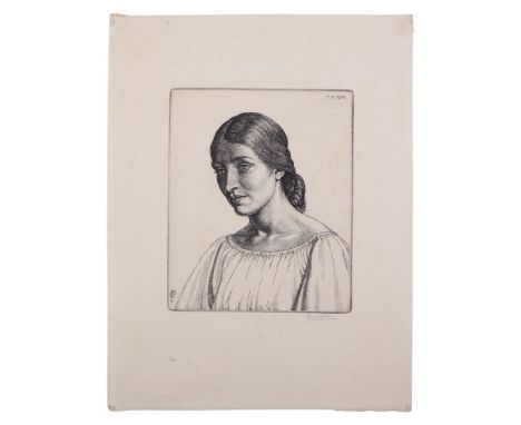 Paul Drury (1903 - 1987)A head and shoulders portrait of a woman wearing a simple peasant blouse, sitting in quiet contemplat