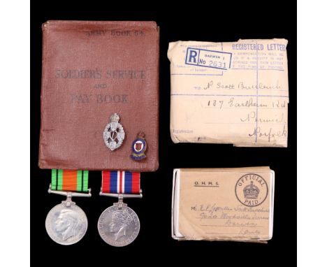 Second World War Royal Electrical Mechanical Engineers medals, pay book and sweetheart brooch, to Lance Corporal Scott-Buccle