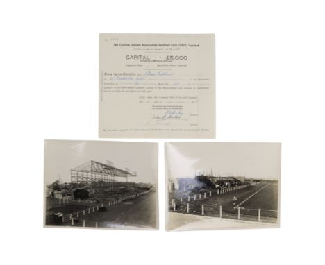 A 1948 Carlisle United Association Football Club share certificate together with two press photographs depicting the destruct