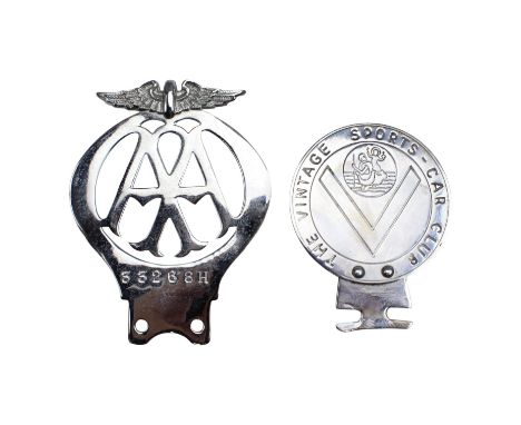[ Classic car ] An Automobile Association bumper badge, numbered 33268H, together with a Vintage Sports Car Club badge