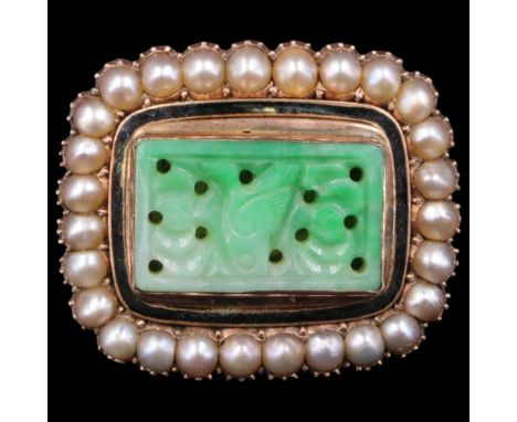 A Victorian jade, pearl and gold sentimental locket brooch incorporating a Chinese carved-jade oblong plaque depicting a bird