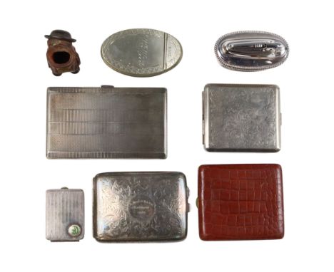 An early 20th Century electroplate and other cigarette cases, together with a carved treen match pot in the form of a gentlem