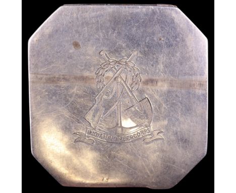 A white metal powder compact bearing an engraved Indian Pioneer Corps badge and presentation inscription "Beryl, with love, E
