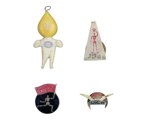 [ Classic car ] Three Shell and Aeroshell fuel and oil enamelled lapel badges, second quarter 20th Century together with an E