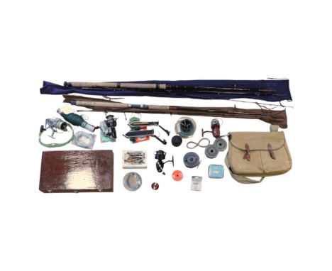 A group of fishing tackle, comprising a Shakespeare Spin Master 1505-240 two-piece fishing rod, two boxes of flies, etc