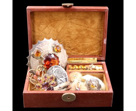 A group of vintage and other costume jewellery in a leatherette jewellery box including a large Scottish plaid brooch claw-se