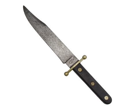 A German hunting knife, having a Bowie style Damascus patterned blade, a nickel alloy cross guard and ebony grips, F Herder, 