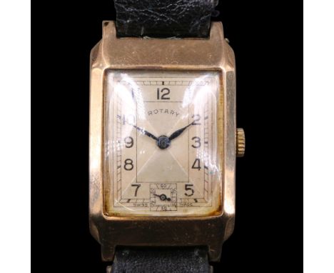 A 1940s Rotary Art Deco influenced 9 ct gold wristwatch, having a calibre 300 15-jewel movement and four-quadrant-oblong fros