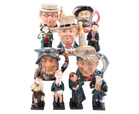 A group of Royal Doulton decanters together with six Charles Dickens character figurines including a "Jim Beam Whiskey" jug, 