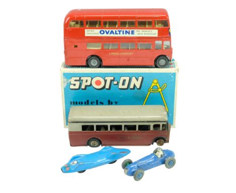 A boxed "Triang Spot-On" diecast toy 145 LT London Routemaster bus, together with a similar wind-up bus, a Dinky racing car, 