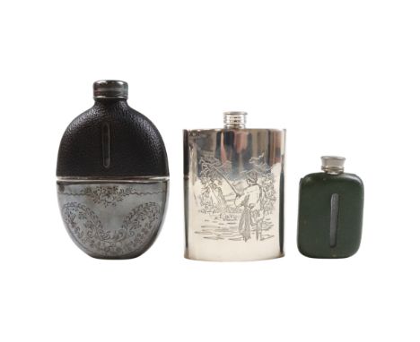 A Victorian electroplate-mounted and leather-covered glass hip flask together with two other flasks